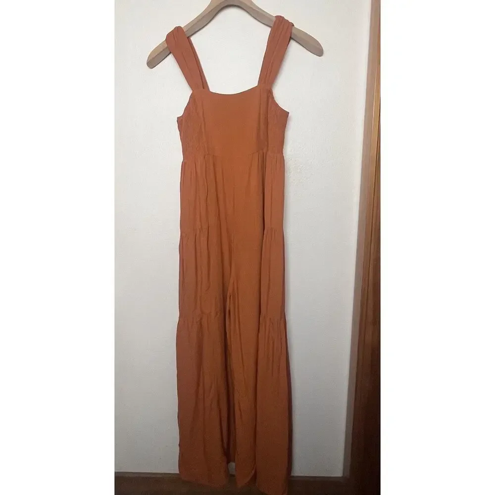 NWT Very J Wide Leg Palazzo Jumpsuit Women’s Sz Large Camel Orange Smocked - Picture 5 of 13
